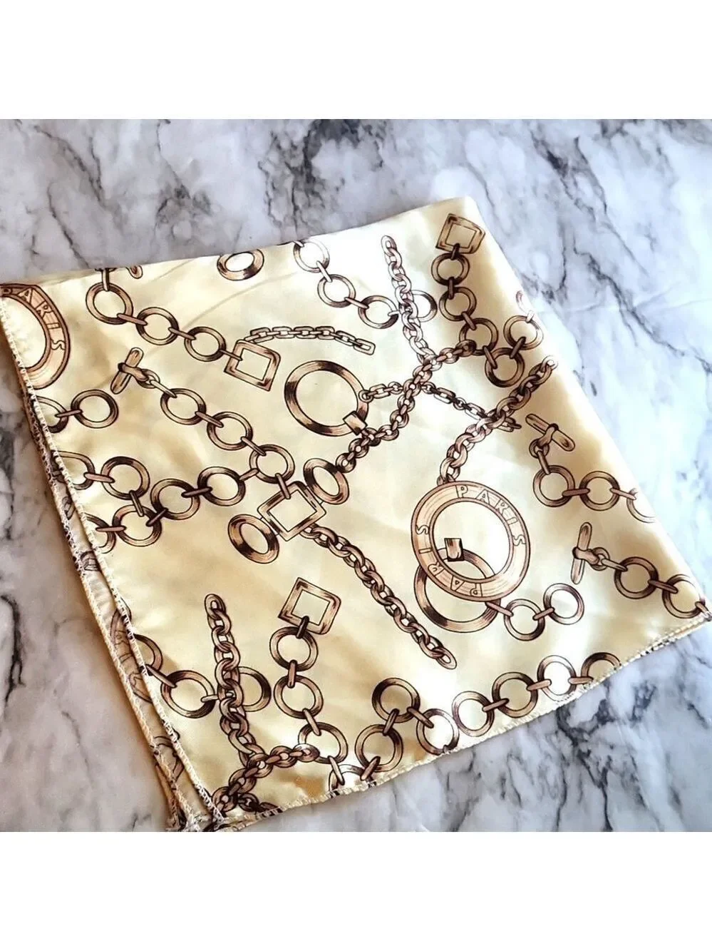 Vintage Style Chain Print Square Scarf Beige and Brown Elegant Satin Neckerchief